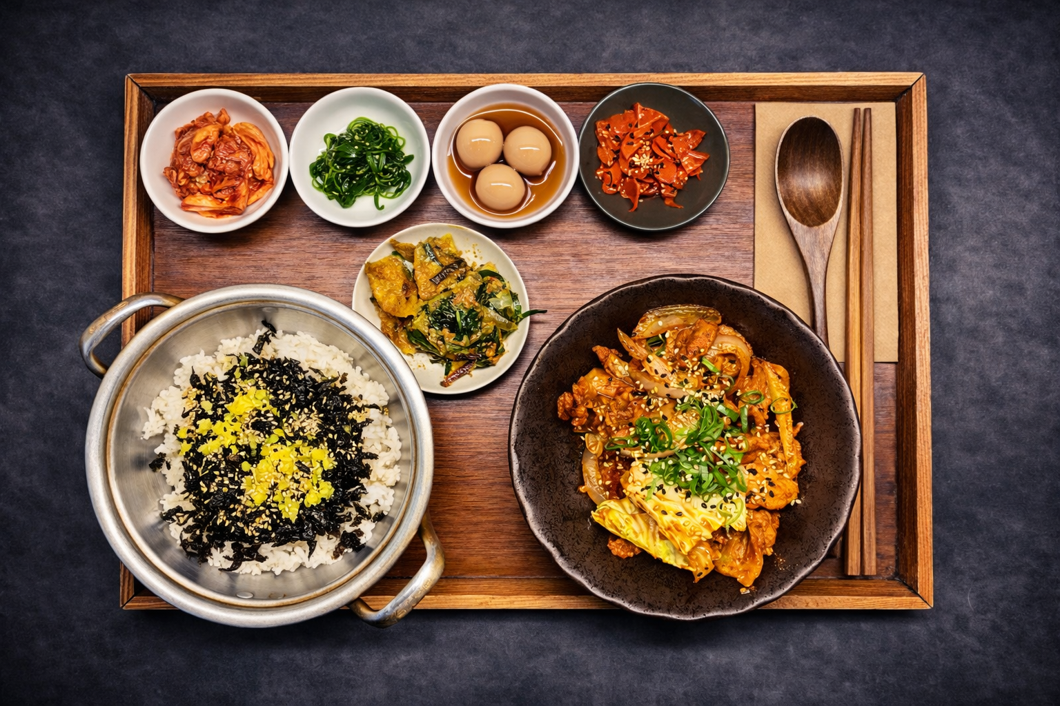 Beef tartare rice bowl at WATDA in Ponsonby, featuring raw beef tartare, avocado, perilla leaves, fresh greens, danmuji, seaweed, and bulgogi sauce.