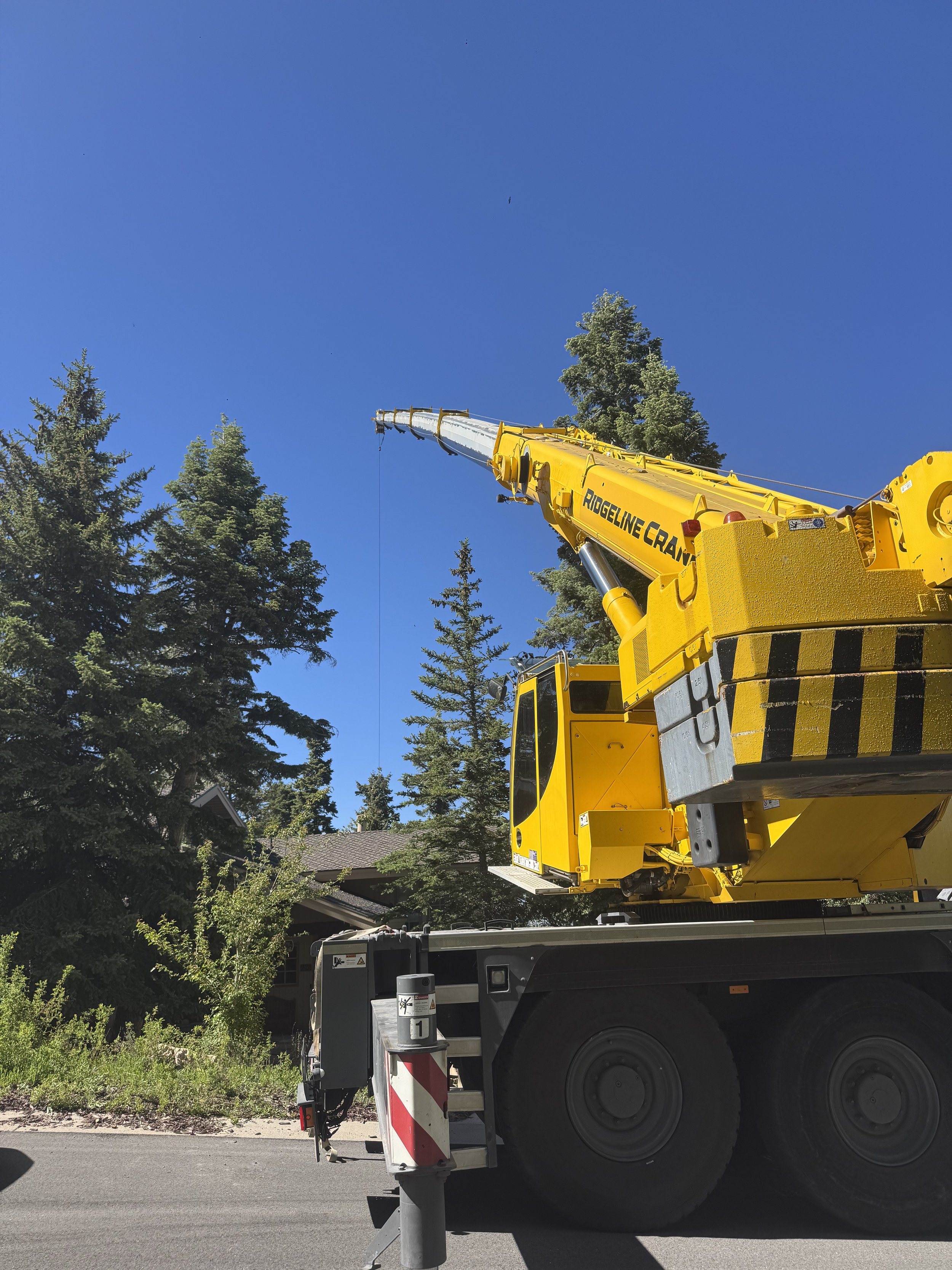 A yellow crane truck is working on a road, with tall pine trees and houses in the background under a clear blue sky.