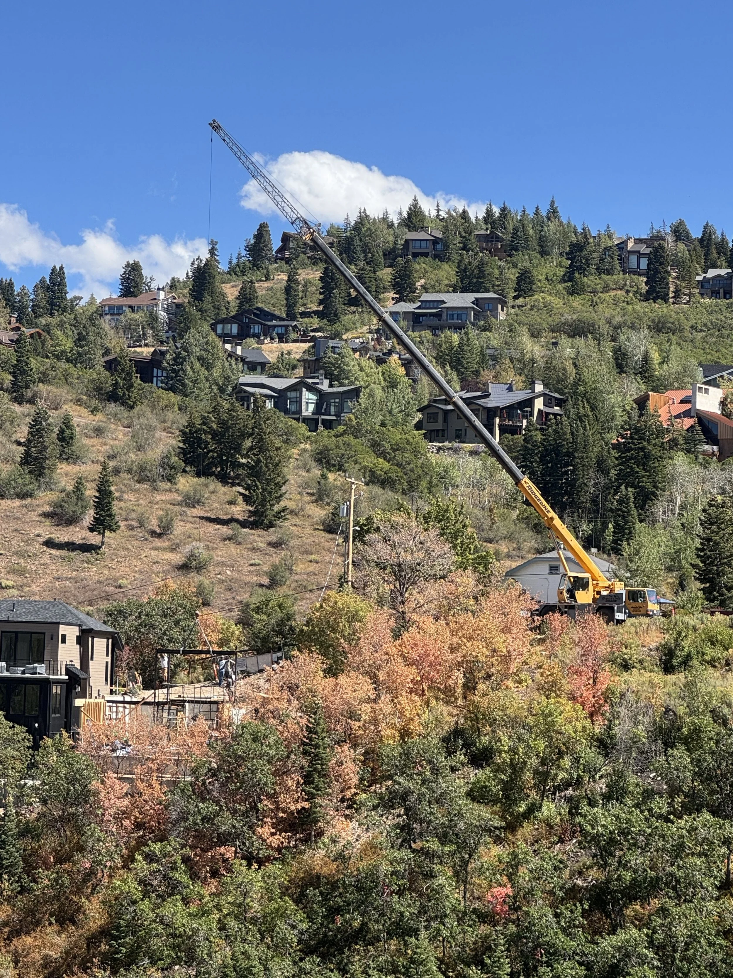 A scenic hillside residential area with modern houses surrounded by autumn trees, and a large crane working on construction.
