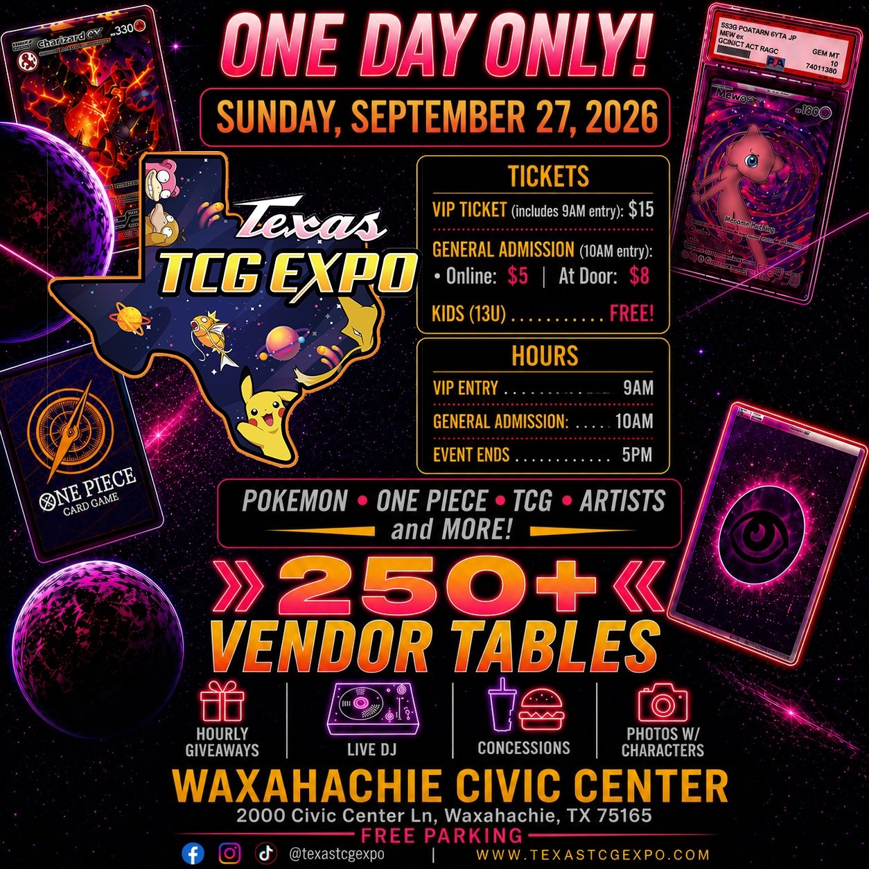 Texas TCG Expo returns Sunday, September 27 and it&rsquo;s going to be our biggest show yet! 🔥

✨ 250+ Vendor Tables
🎁 Hourly Giveaways
🎧 Live DJ
📸 Photos with Characters
🍔 Concessions
🃏 Pok&eacute;mon &bull; One Piece &bull; TCG &bull; Artists