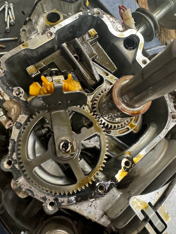 Close-up view of an open single cylinder engine. Doing a cam replacement.