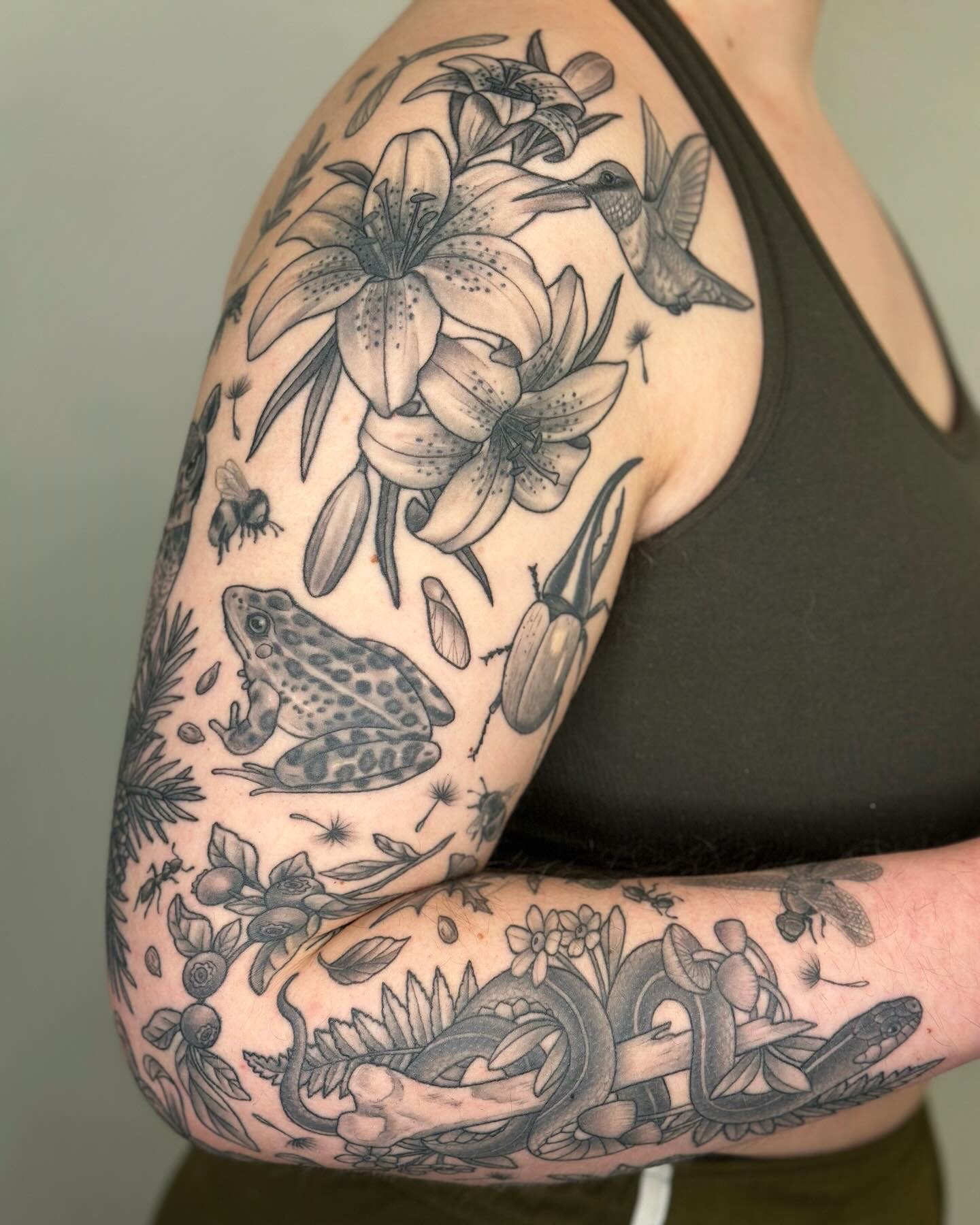 Nature patchwork sleeve. Fully healed and settled.