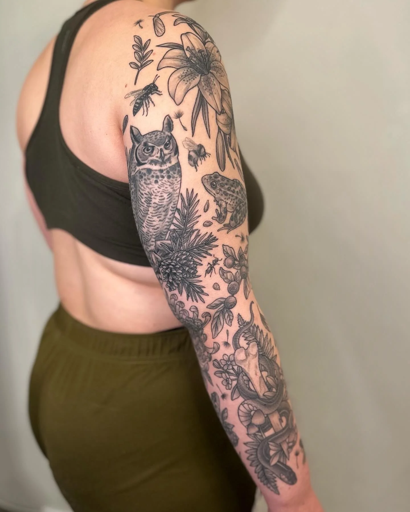 Nature patchwork sleeve. Fully healed and settled.