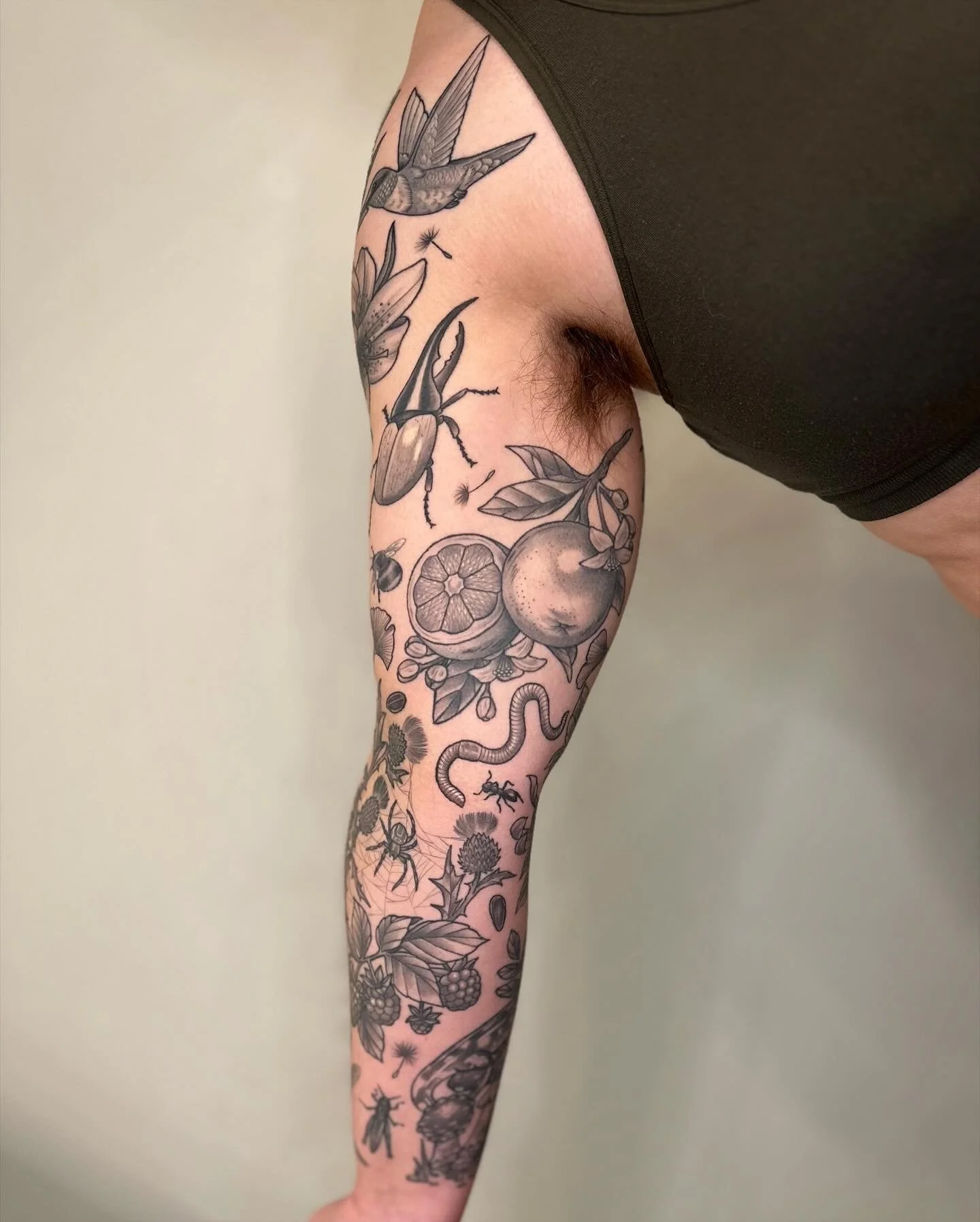 Nature patchwork sleeve. Fully healed and settled.