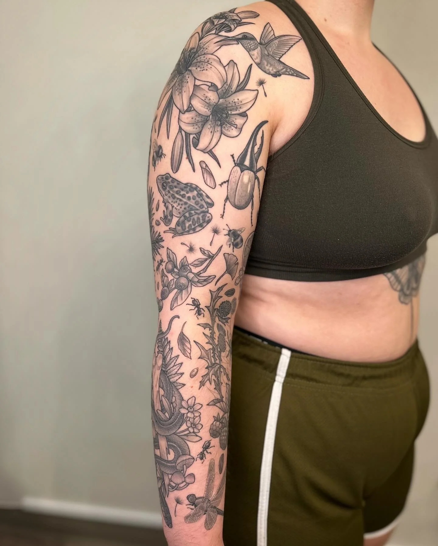 Nature patchwork sleeve. Fully healed and settled.