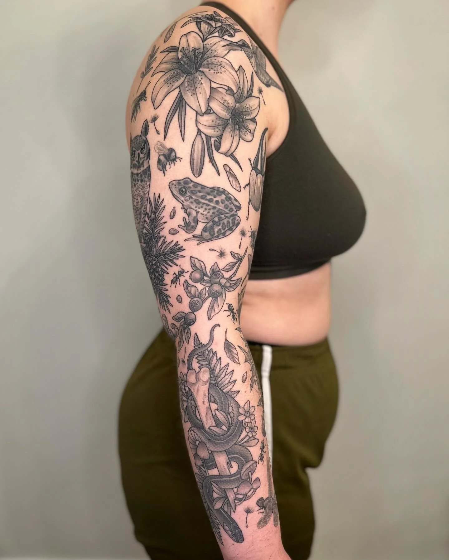 Nature patchwork sleeve. Fully healed and settled.