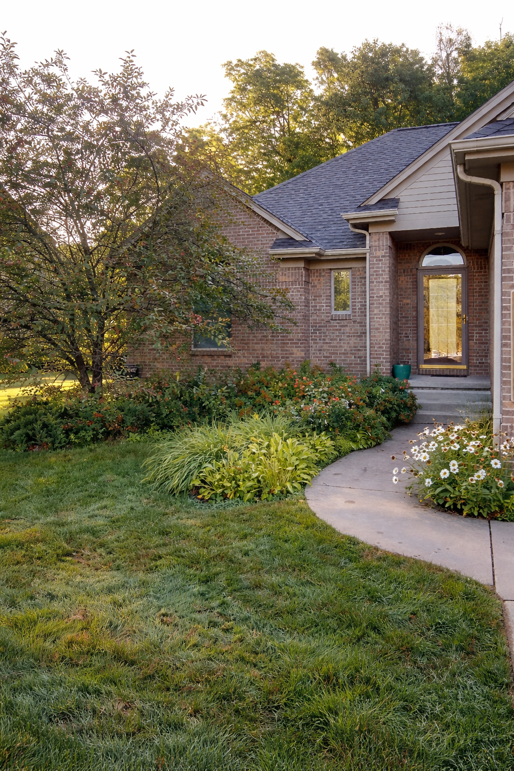 Front yard of a brick house with a curved walkway, green lawn, flowering plants, and a tree, during late afternoon sunlight.