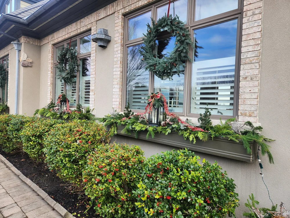 GGL winter window boxes filled with evergreen branches and ribbon beneath decorated wreaths