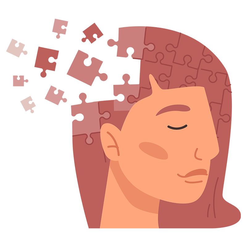 A cartoon illustration of a woman with closed eyes and a calm expression, with puzzle pieces symbolizing her brain or thoughts, some of which are falling away.