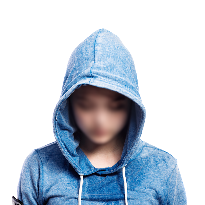 Person wearing a blue hooded sweatshirt with the hood up, face blurred, white background.