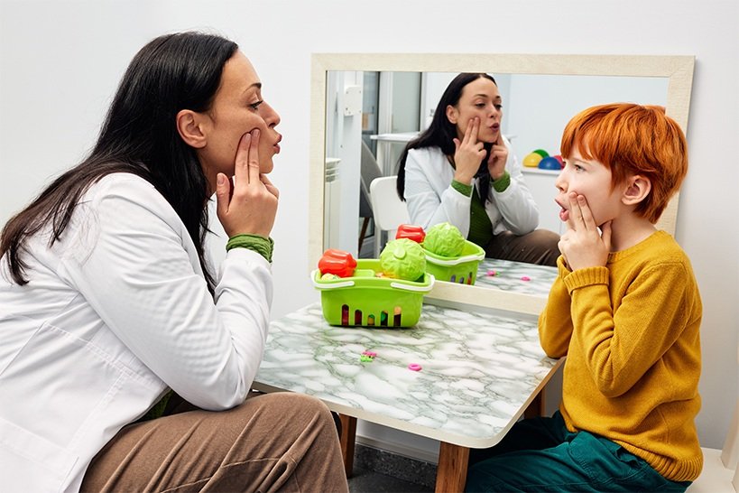 A woman and a boy sitting at a table with a mirror, Play-Doh, and toys, mimicking each other's facial expressions.