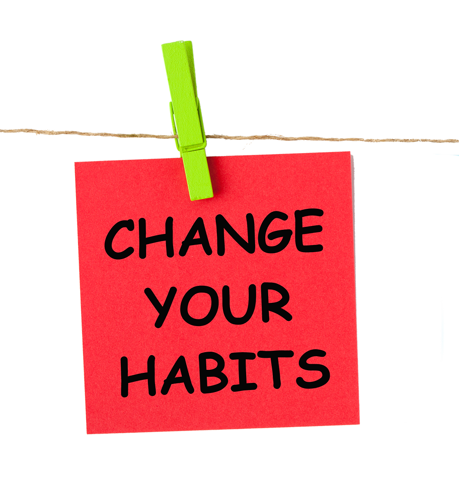 Red sticky note with black text that says 'Change Your Habits', clipped to a clothesline with a green clothespin.