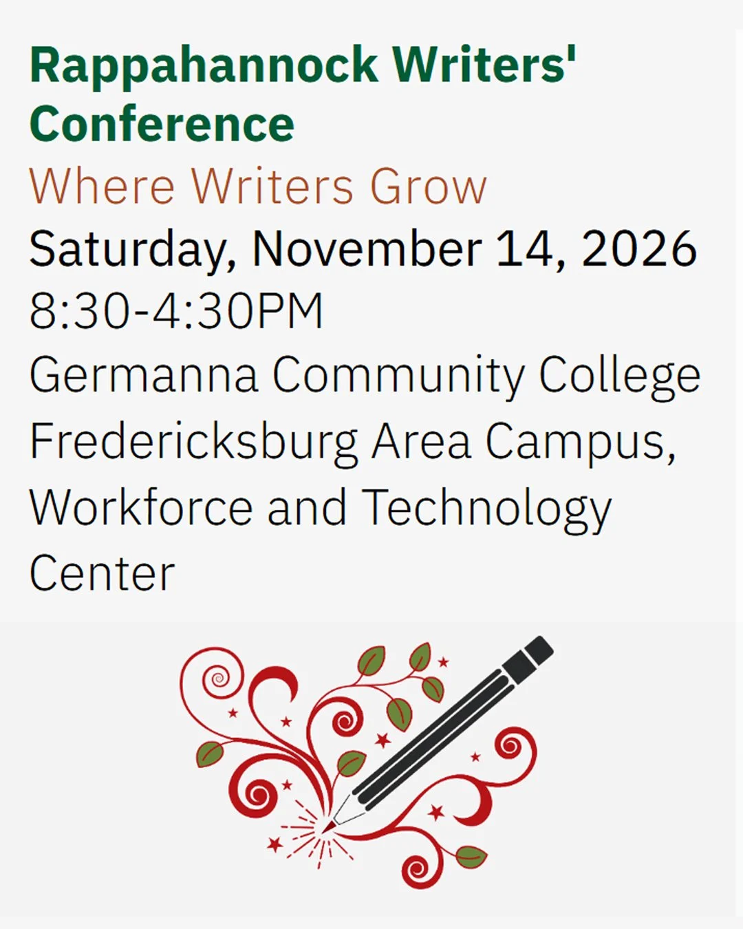 Join our team at the Rappahannock Writers' Conference next month for classes and workshops:

Query It Like A Pro with J.S. Furlong

Red Flags &amp; Green Lights: Signs Your Manuscript Is &mdash; Or Isn't &mdash; Ready for a Professional Editor with D