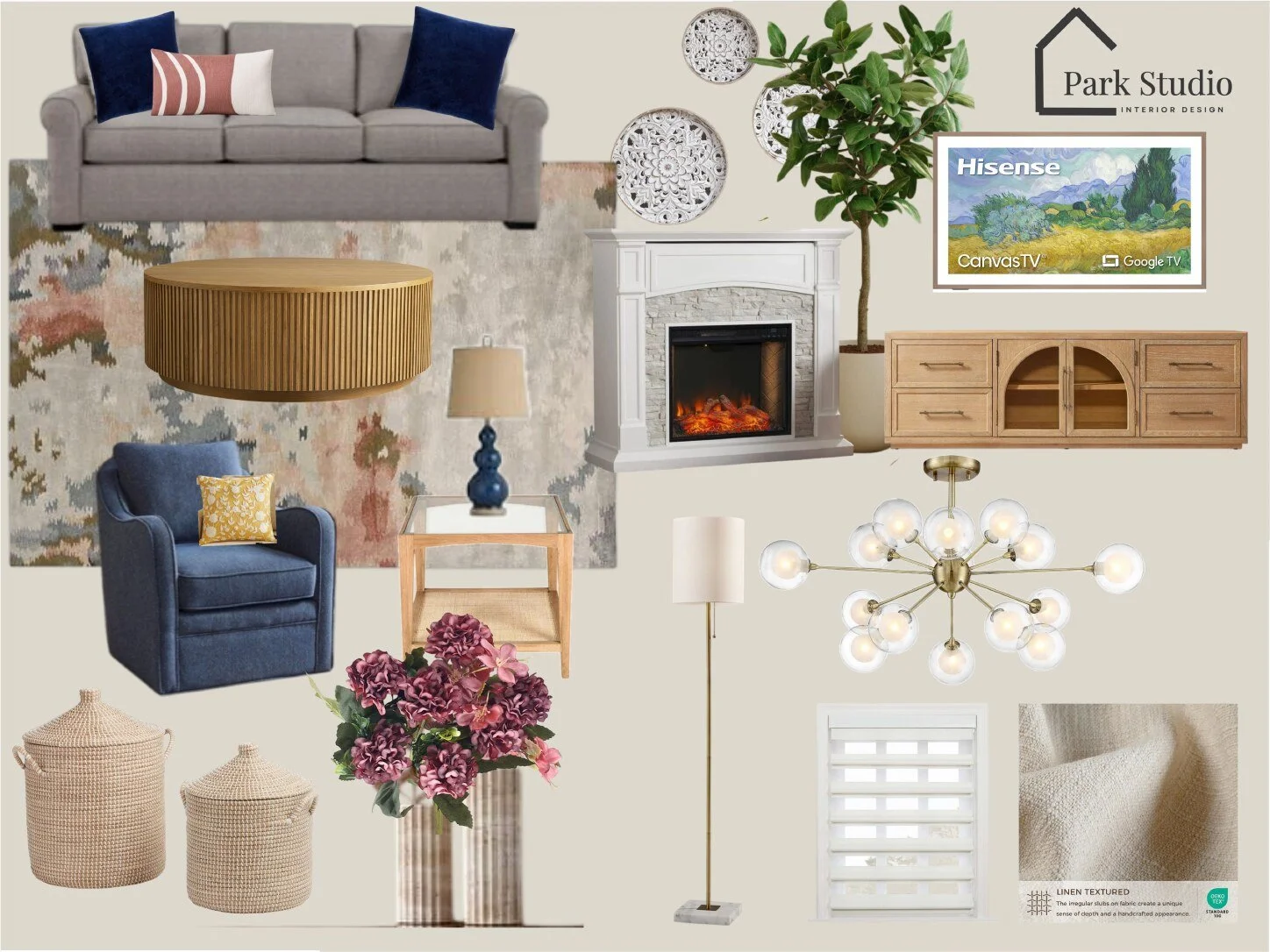 The full palette: navy, honey oak, and brushed brass, tied together by a soft abstract rug in blush, navy, and gray. Walls in Benjamin Moore Pale Oak keep everything warm and calm. (Fireplace shown is a close stand-in for the family's existing one.)