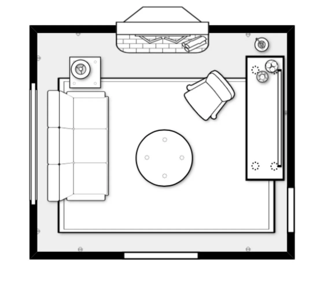 The TV moves to the side wall on a long console, directly across from the sofa, so the fireplace stays clear and keeps its place as the room's anchor. A swivel accent chair turns toward either one, the fire for conversation or the screen for movie ni