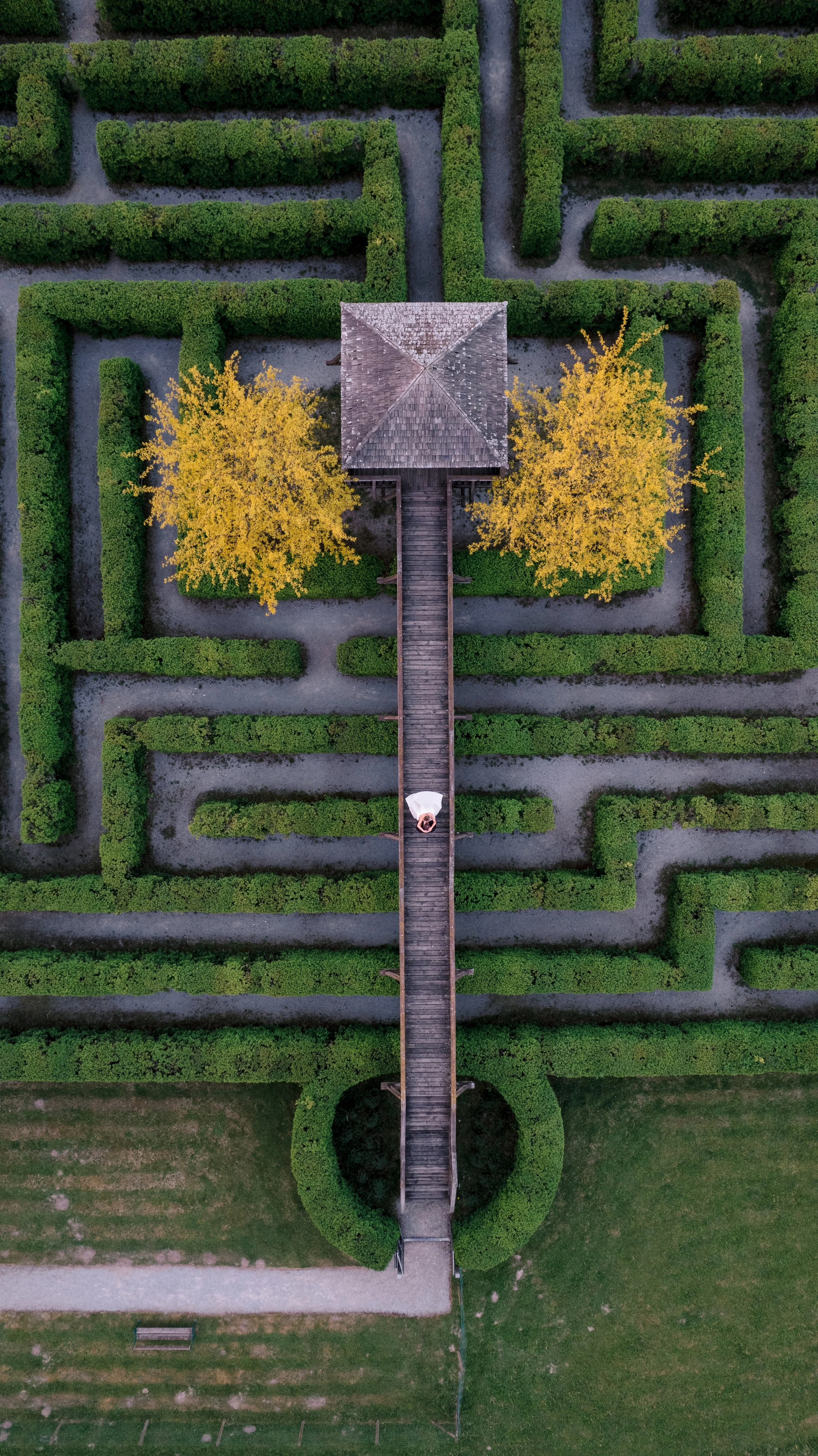 Vogelperspektive eines Gartens mit grünen Hecken, ein Labyrinth,  einem Weg und einer hölzernen Turmstruktur mit Treppe, umgeben von Bäumen mit gelben Herbstblättern.