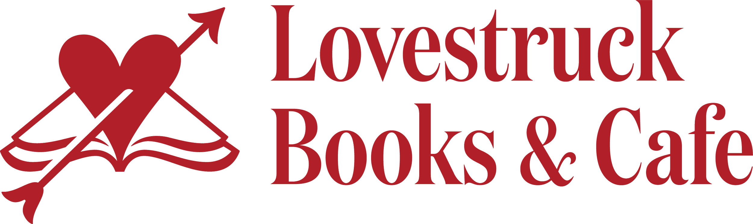 Lovestruck Books & Cafe logo featuring a red heart with an arrow and an open book.