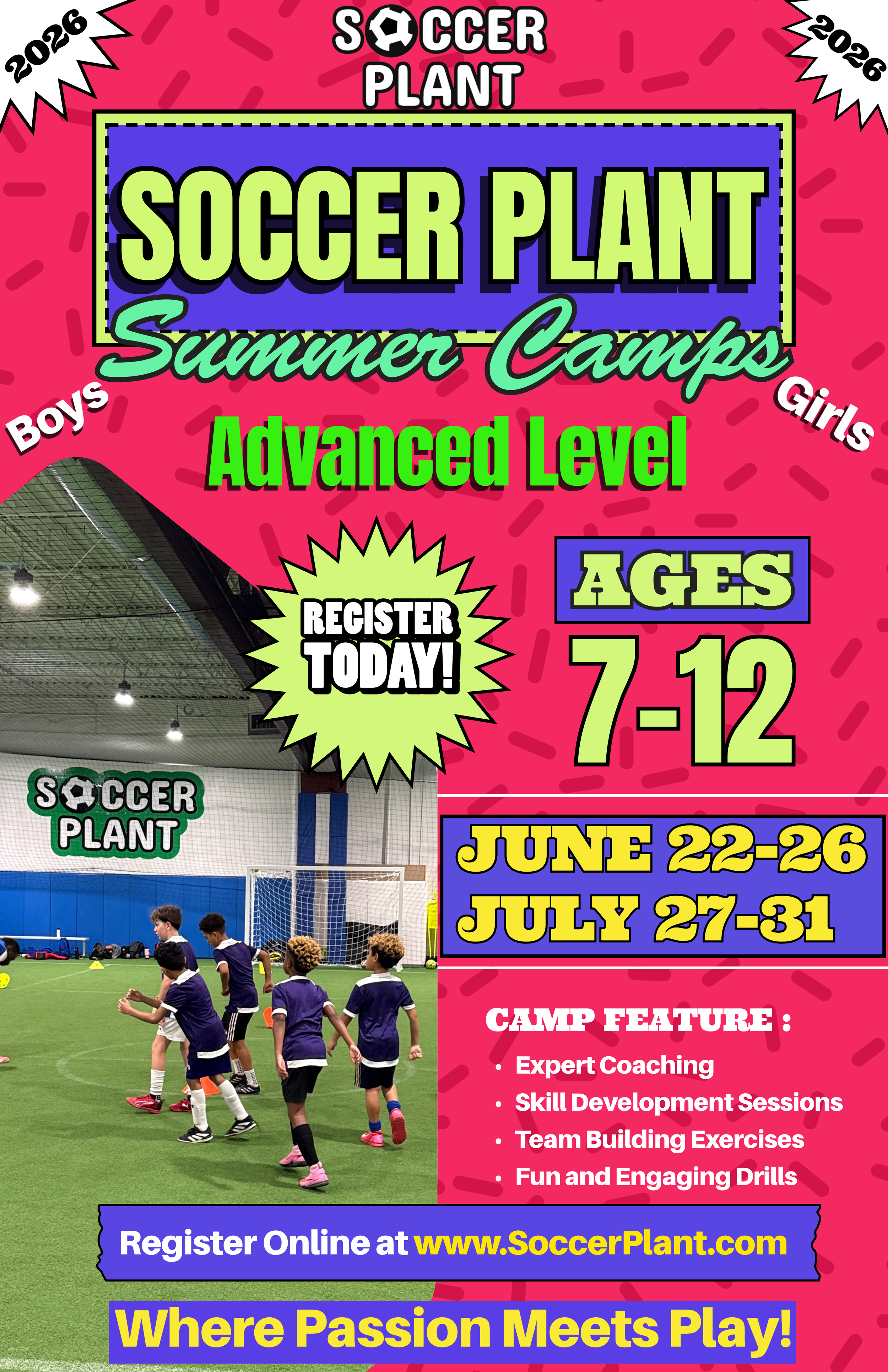 A vibrant flyer advertising Soccer Plant Summer Camps for children aged 7 to 12, scheduled from June 22 to June 26 and July 27 to July 31, featuring a soccer field with children in purple uniforms, and details about camp features like coaching and skill development.