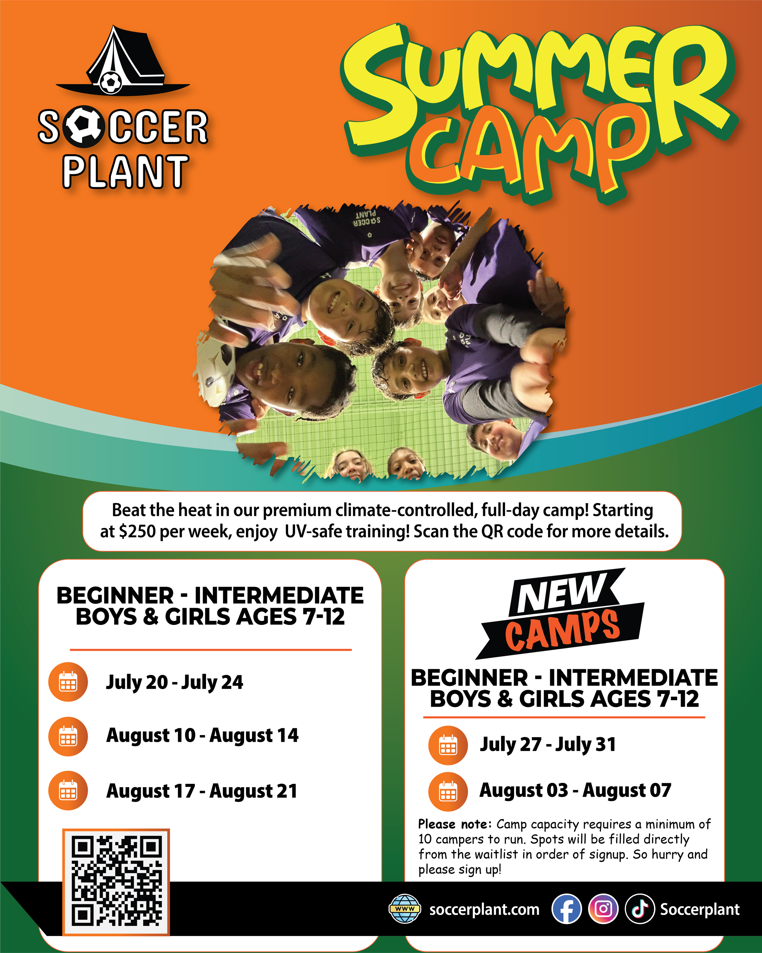 Poster advertising summer soccer camps for boys and girls ages 7-12, organized by Soccer Plant. The poster features a group of smiling children in soccer jerseys, looking down into the camera in a circular formation, with a green field background. The camp dates vary and are listed for different sessions in July and August. The poster also contains a QR code for more information, a website link, social media icons, and a note about camp capacity.
