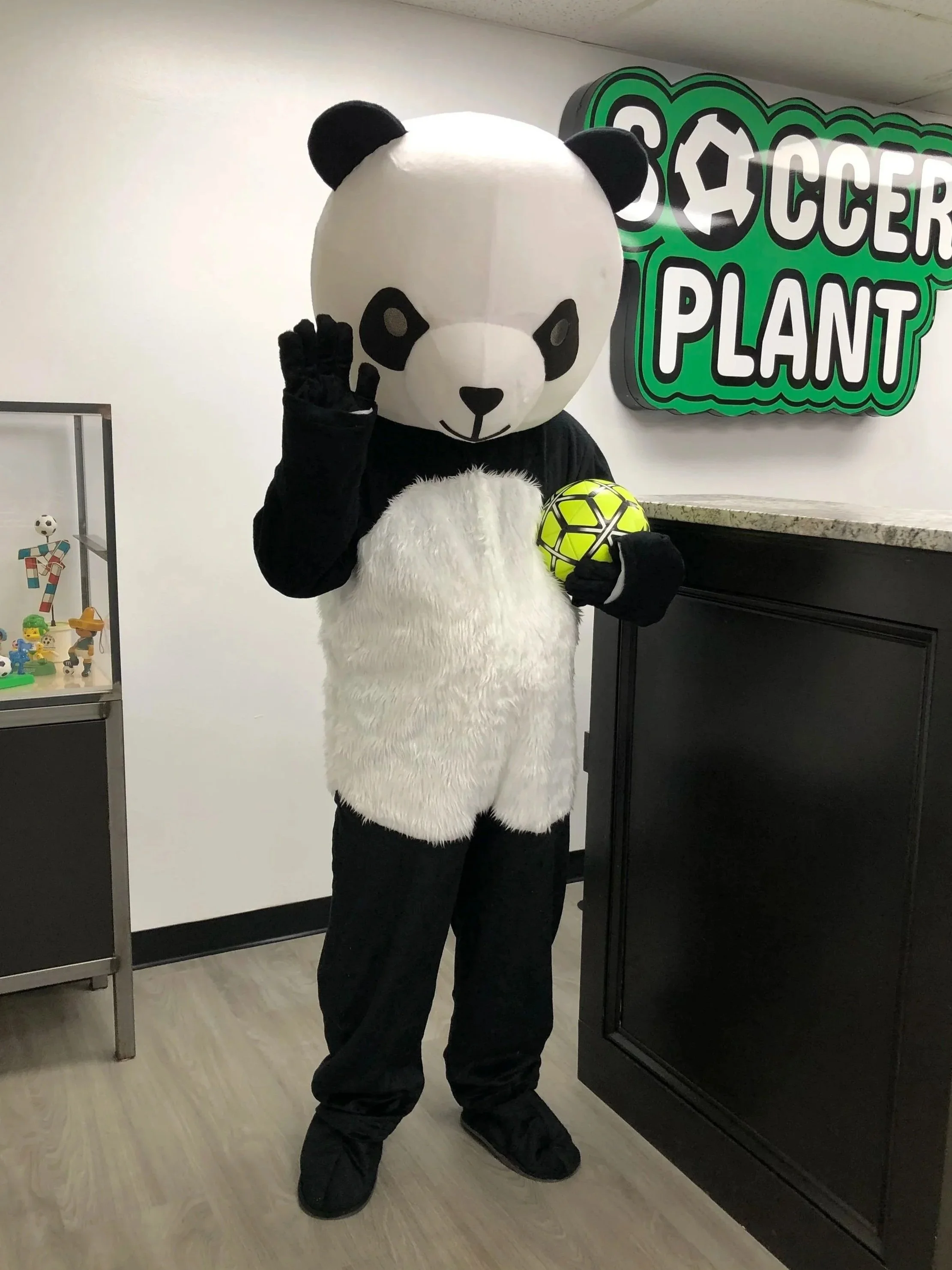 Person in a panda costume holding a yellow and black soccer ball and waving inside a room with a sign that reads 'Soccer Plant' on the wall.