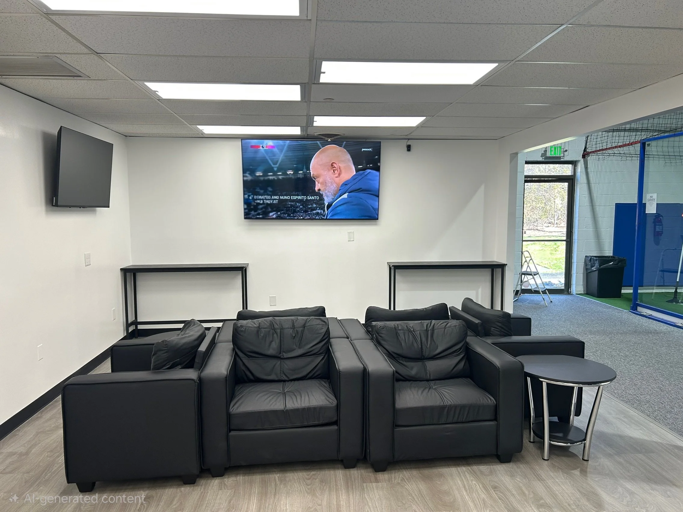 A lounge area with black leather sofas, a small round black table, and two wall-mounted flat-screen TVs in a room with white walls, a gray ceiling, and wood-patterned flooring. Outside the door, there is a sports court with green artificial turf.