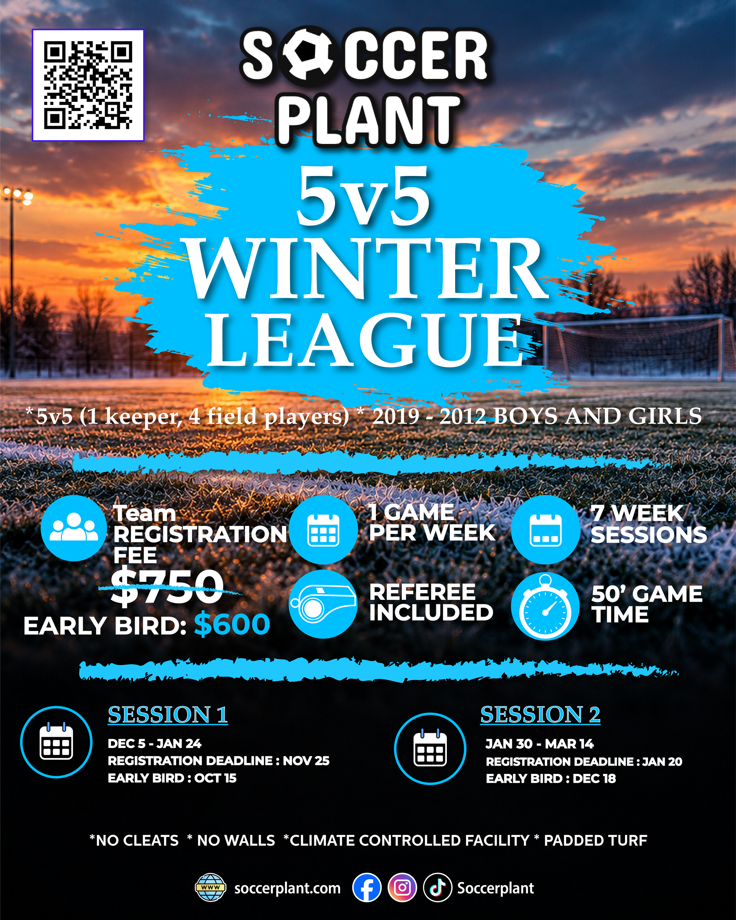 Poster for a youth 5v5 winter soccer league at Soccer Plant in Columbia, Maryland. The poster features a photo of children in soccer uniforms holding medals and trophies with a stadium background. The league has two seasons: Winter 1 (Dec-Jan) and Winter 2 (Jan-Mar), with registration deadlines. It includes details about age groups, prices, and awards, and contact information at the bottom.