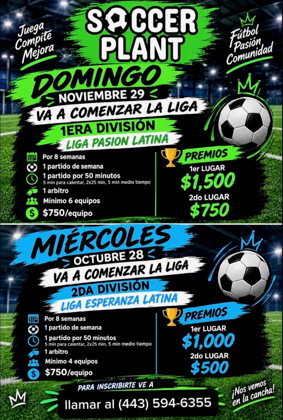 Promotional advertisement for a soccer league featuring event dates November 29 and October 28, with details about divisions, schedule, rules, and registration contact information.