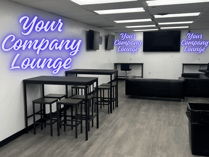 Modern lounge area with neon signs reading 'Your Company Lounge', black furniture, and mounted screens.