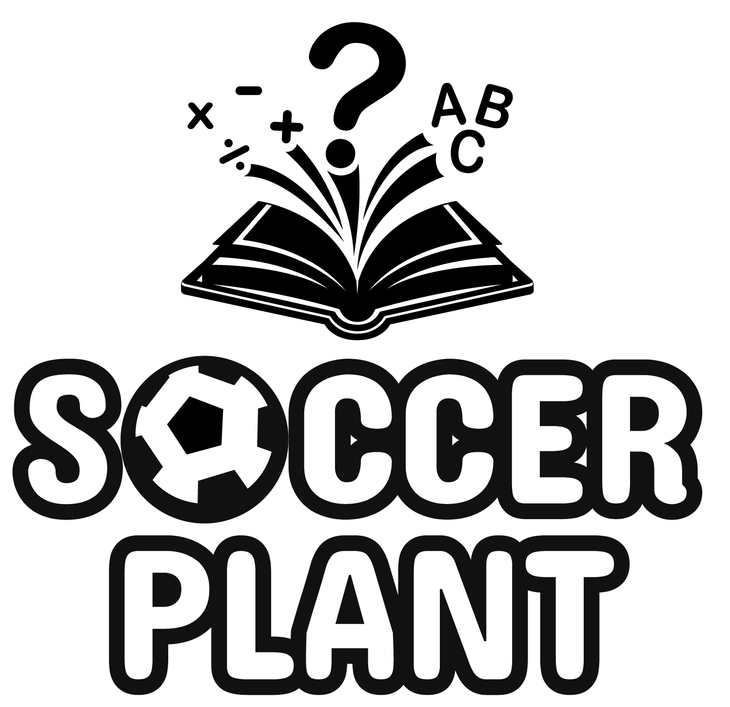 A black and white logo featuring an open book with mathematical symbols, letters, and a question mark emerging from it, and the words 'Soccer Plant' in bold letters below.