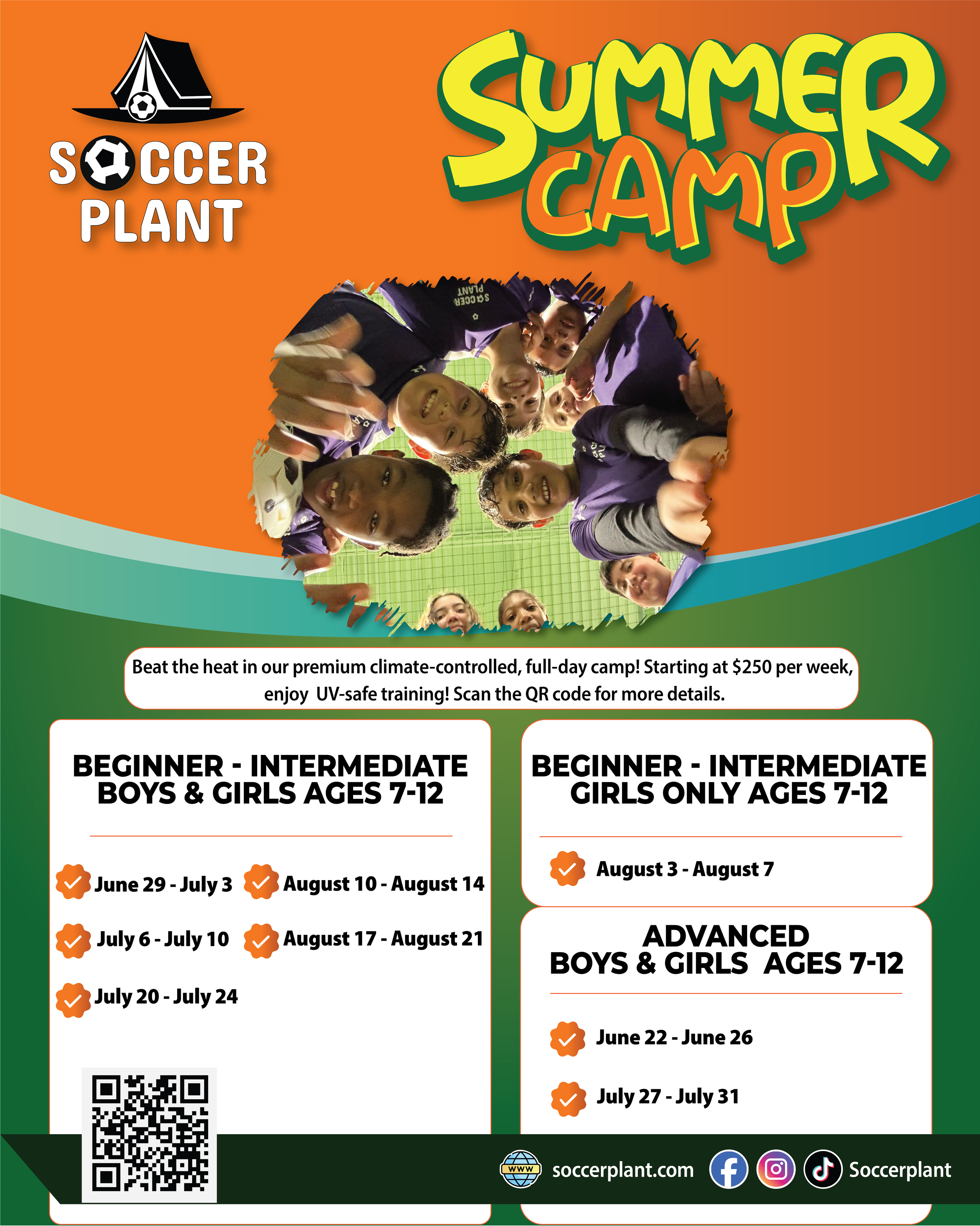 A promotional flyer for summer soccer camps with a bright orange background and a group of smiling children in purple soccer jerseys, smiling and making a circle with their heads. The flyer features text with the camp name, dates, and age groups, and has a QR code at the bottom for more information.