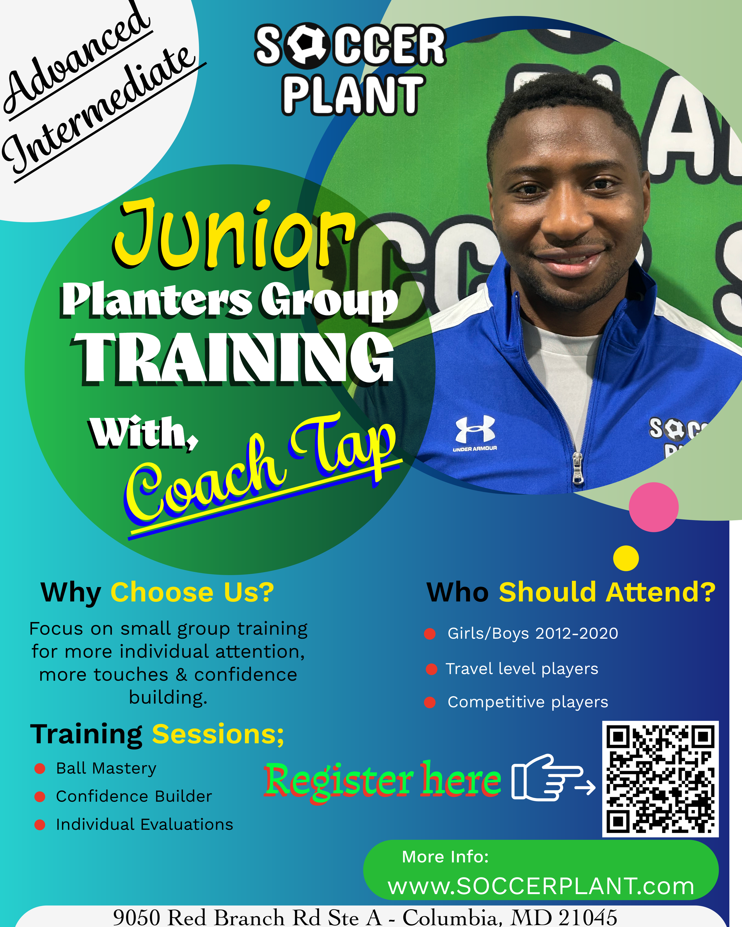A colorful promotional flyer for a Junior Soccer Plant Group training session. The flyer features text promoting training, sessions, and registration for youth soccer players, with contact information and a QR code.