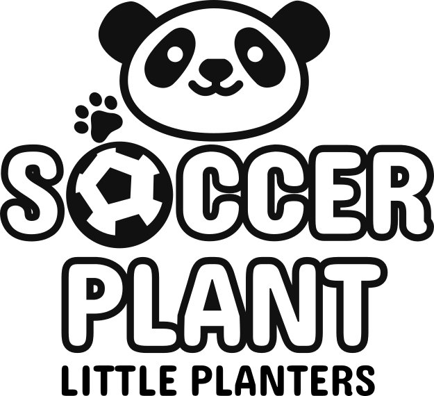 Cartoon panda face above the text 'Soccer Plant' with soccer ball as the letter 'O' in the word 'Soccer'.