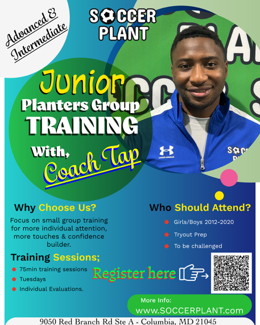 Flyer for Junior Soccer Planters Group Training with Coach Tap, focusing on advanced and intermediate level, including 75-minute training sessions, Tuesdays, individual evaluations, and registration link. Features a smiling man in a blue sports jacket.