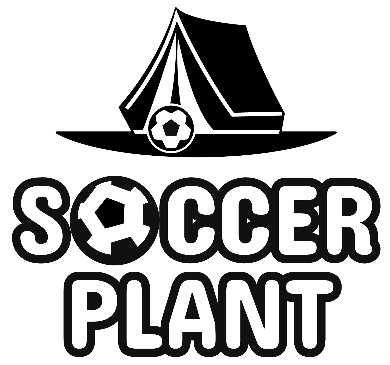 A black and white graphic with a tent, a soccer ball, and the words "Soccer Plant."