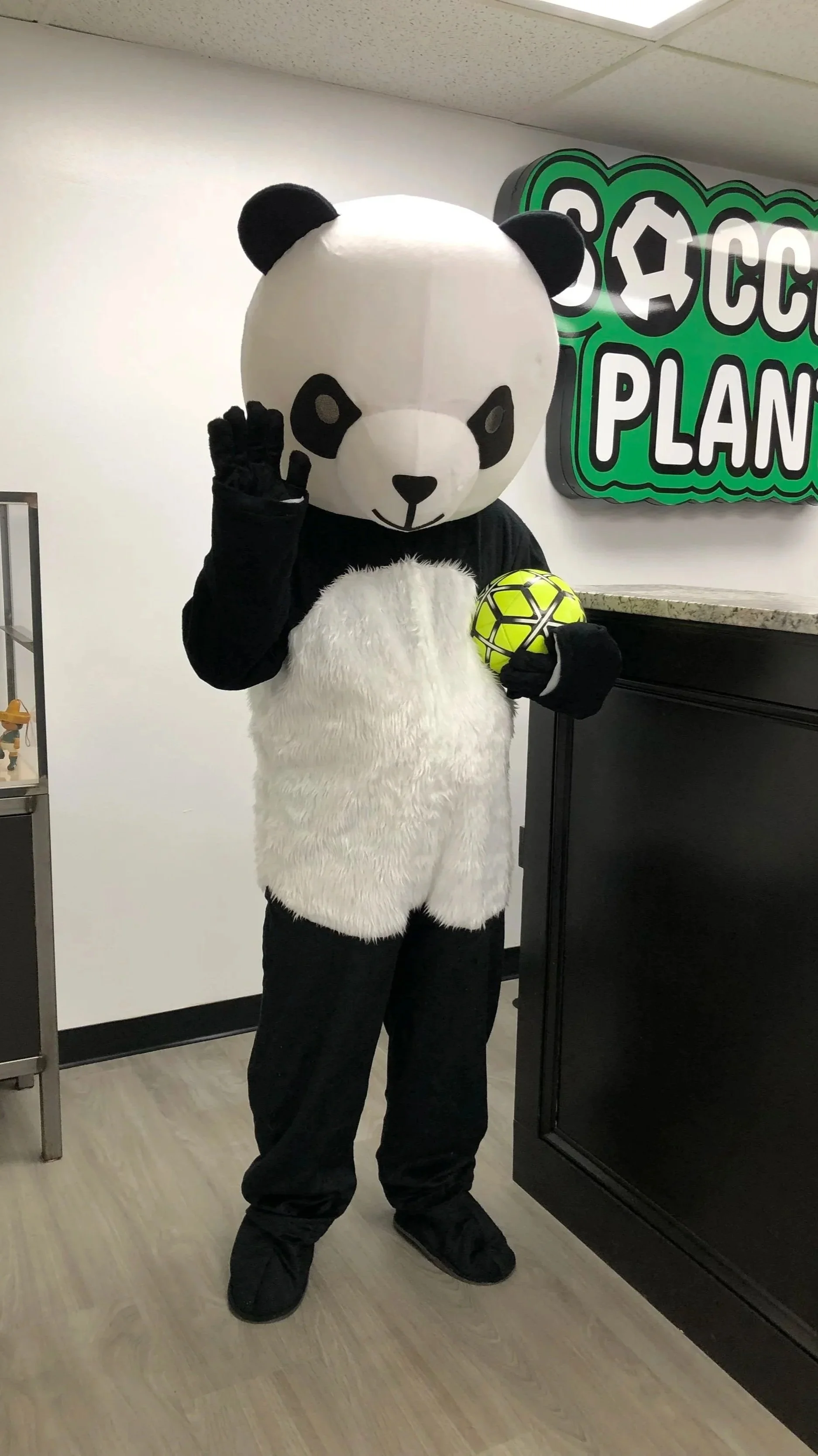 A person dressed in a panda costume holding a green and black soccer ball and waving.