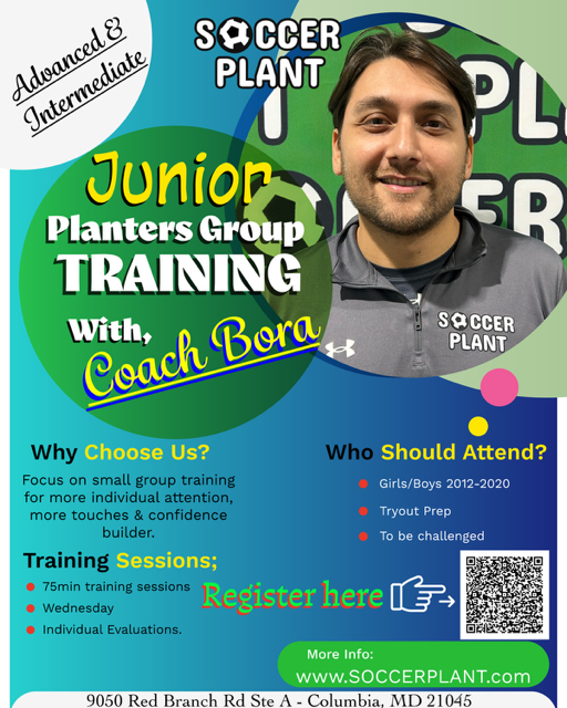 Poster advertising advanced and intermediate junior soccer training group with Coach Bora, featuring details about training sessions, who should attend, and registration information.