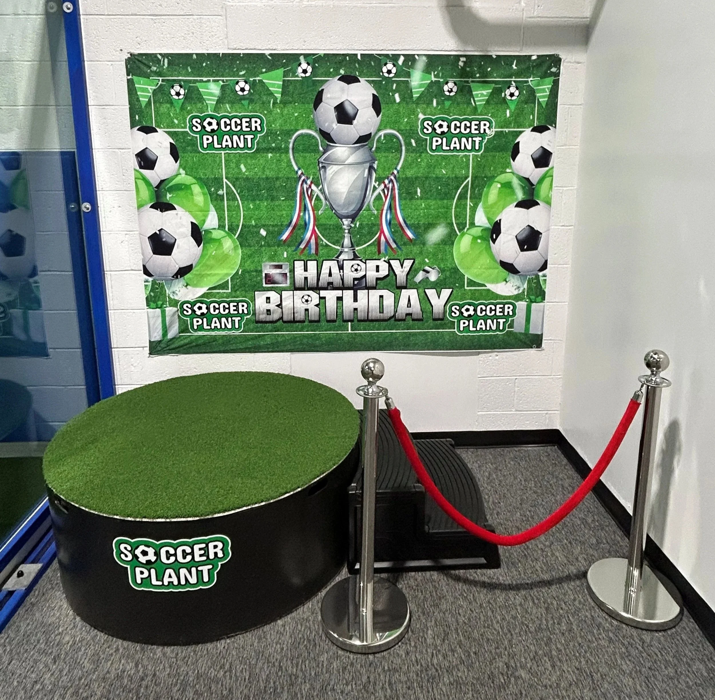 A birthday display with soccer theme including a poster on the wall with soccer balls, balloons, and a trophy, and a small platform covered in artificial grass with a