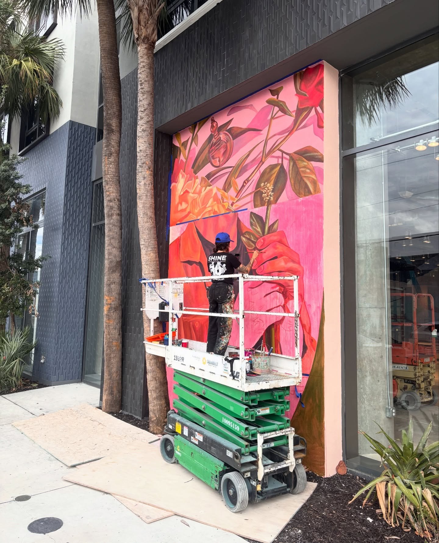 Current WIP in Wynwood.
This is a custom design I am painting for West Elm, built from a color palette and visual language they connected with from my earlier work&mdash;human elements alongside florals, with an emphasis on shadow, color, fragmented 
