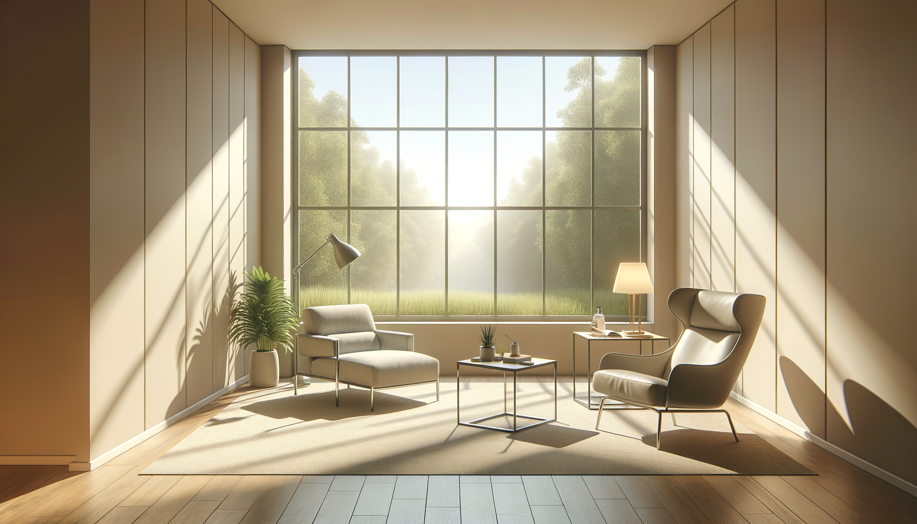 Modern living room with large window, beige walls, gray armchair, beige sofa, black side table with a lamp and plants, and light wood flooring.