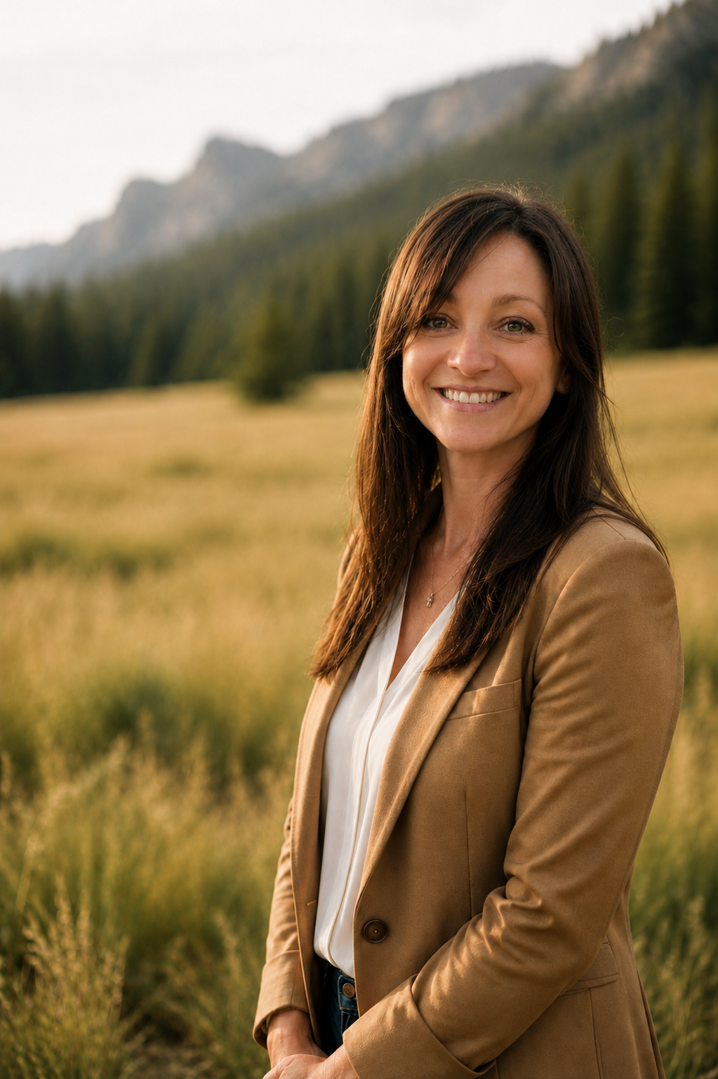 A woman with long brown hair smiling outdoors, wearing a tan blazer over a white blouse, with mountains and trees in the background.