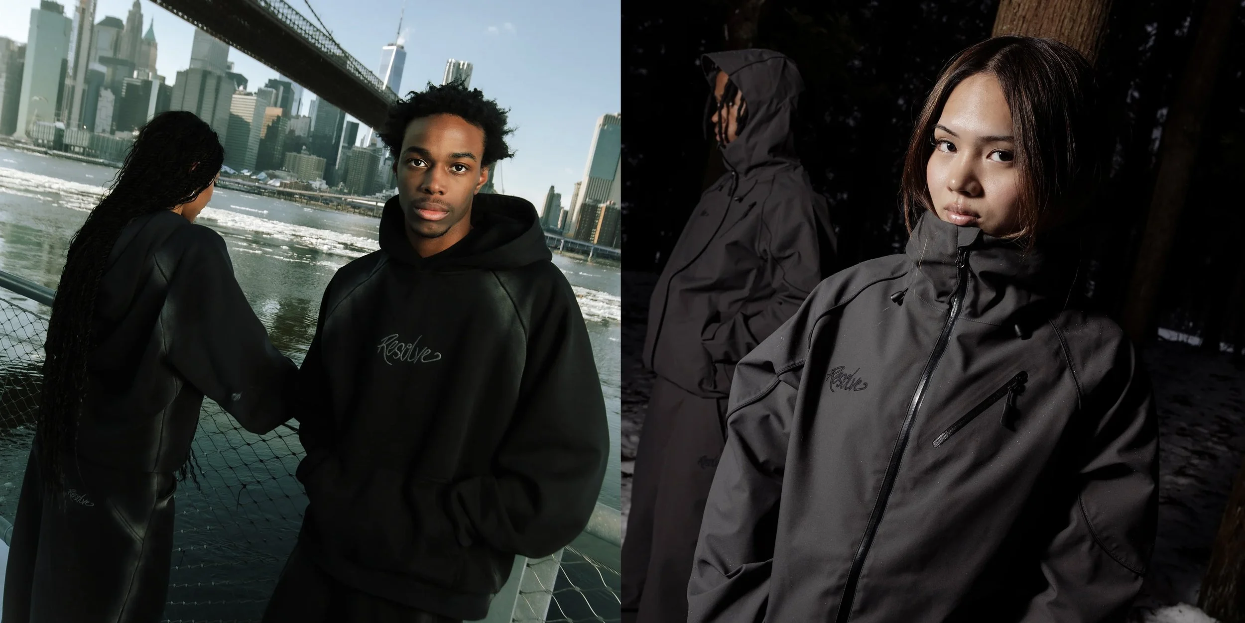 Side-by-side photos of young adults wearing black jackets with the word 'resolve' embroidered on them. The left photo shows a Black man with curly hair standing outdoors near water, with city skyscrapers and a bridge in the background. The right photo shows an Asian woman with long dark hair standing at night near trees, with another person in similar clothing nearby.