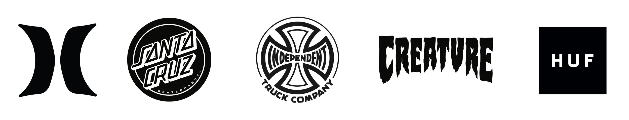 A row of six black and white skateboarding and lifestyle brand logos, from left to right: Hurley, Santa Cruz, Independent Truck Company, Creature, HUF, and another black square logo.