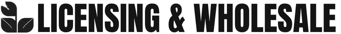 Logo for Licensing & Wholesale featuring a stylized leaf icon and bold black text