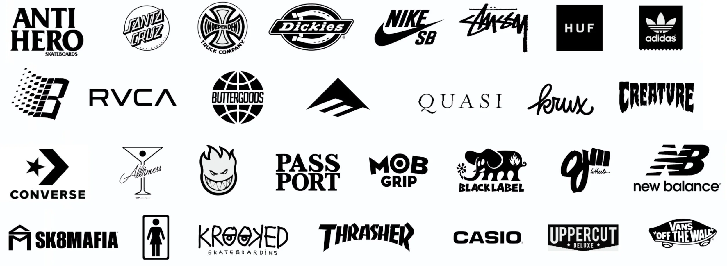Collection of black and white logos of various skate and streetwear brands, including Anti Hero, Santa Cruz, Independent, Dickies, Nike SB, Stussy, HUF, Adidas, RVCA, Butter Goods, Quasi, Fouxx, Creature, Converse, Altimers, Black Flame, Pass Port, Mob Grip, Black Label, Vans Off The Wall, SK8MAFIA, Crooked Skateboarding, Thrasher, Casio, Uppercut Deluxe, and New Balance.
