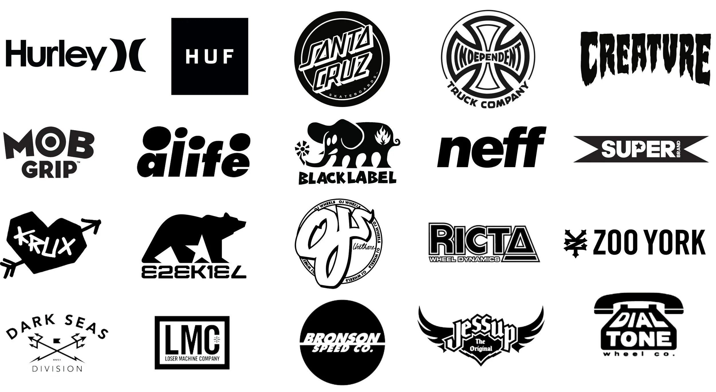 A collection of black and white skateboard and apparel brand logos arranged in rows.
