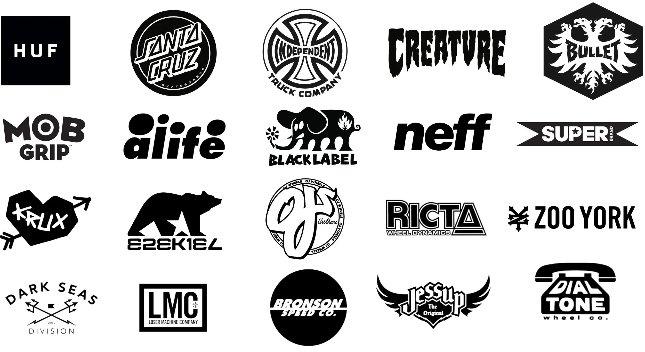 Collection of black and white logos from various brands including HUF, Santa Cruz, Independent, Creature, Bullet, MOB Grip, ale, Black Label, Neff, Super, Felix, E3, Axis, Ricta, Zoo York, Dark Seas, LMC, Bronson Speed Co., Jessup, and Dial Tone.