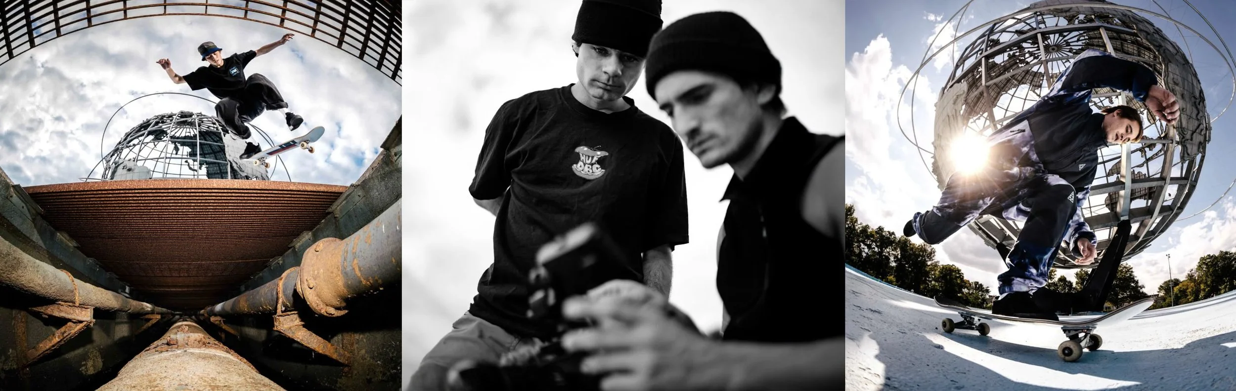 A skateboarder jumping off a ledge with the globe structure in the background, a black and white photo of two young men looking at a smartphone, and a skateboarder performing a trick on a skate ramp near the globe structure.