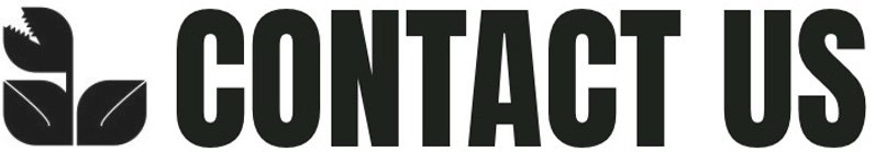 Black text saying 'CONTACT US' next to a stylized plant logo