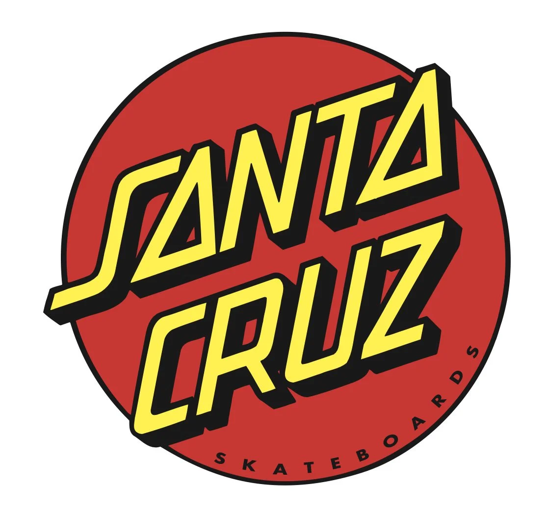 Santa Cruz Skateboards logo with red background and yellow text.