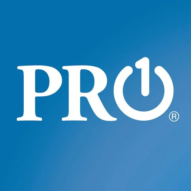 The image shows the word 'PRO' with a power button symbol replacing the letter 'O' on a blue background.